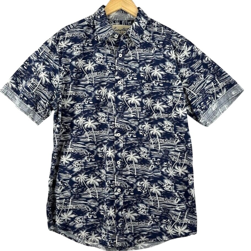 Coastal Hawaiian Tiki Blue Island‎ Luau Camp Casual Shirt Mens Blue Floral Large